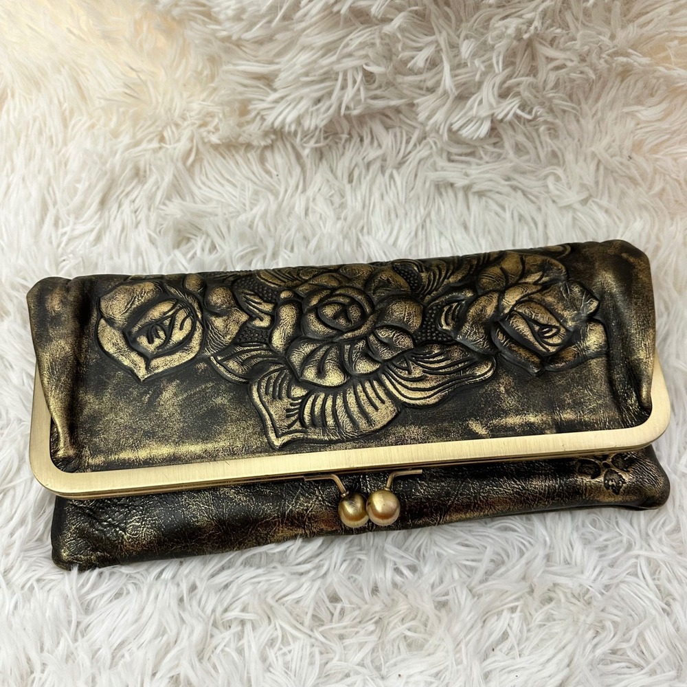 Patricia Nash Bosa Black Gold Metallic Rose Embossed Framed Leather Clutch Bag - Picture 7 of 8